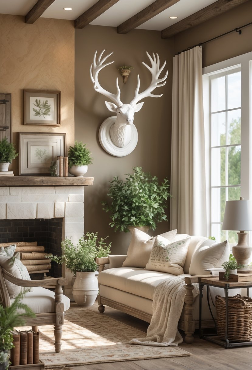 A cozy living room with a white deer antler mount on the wall, wooden furniture, and natural light.