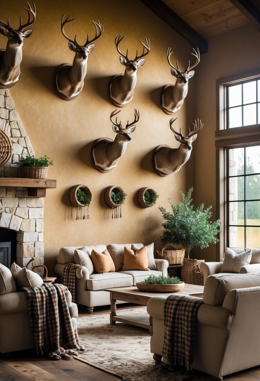 A cozy living room with deer mounts on the walls and plaid throw blankets on the furniture.
