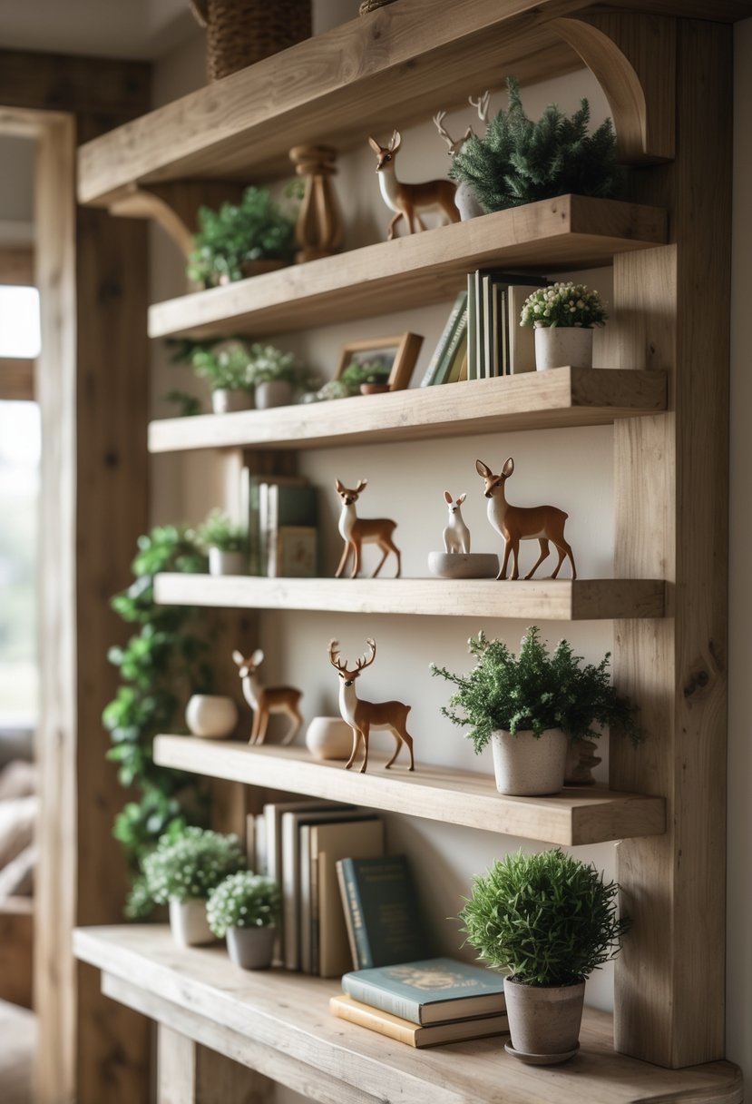 A living room shelf decorated with miniature deer figurines, books, and small plants.