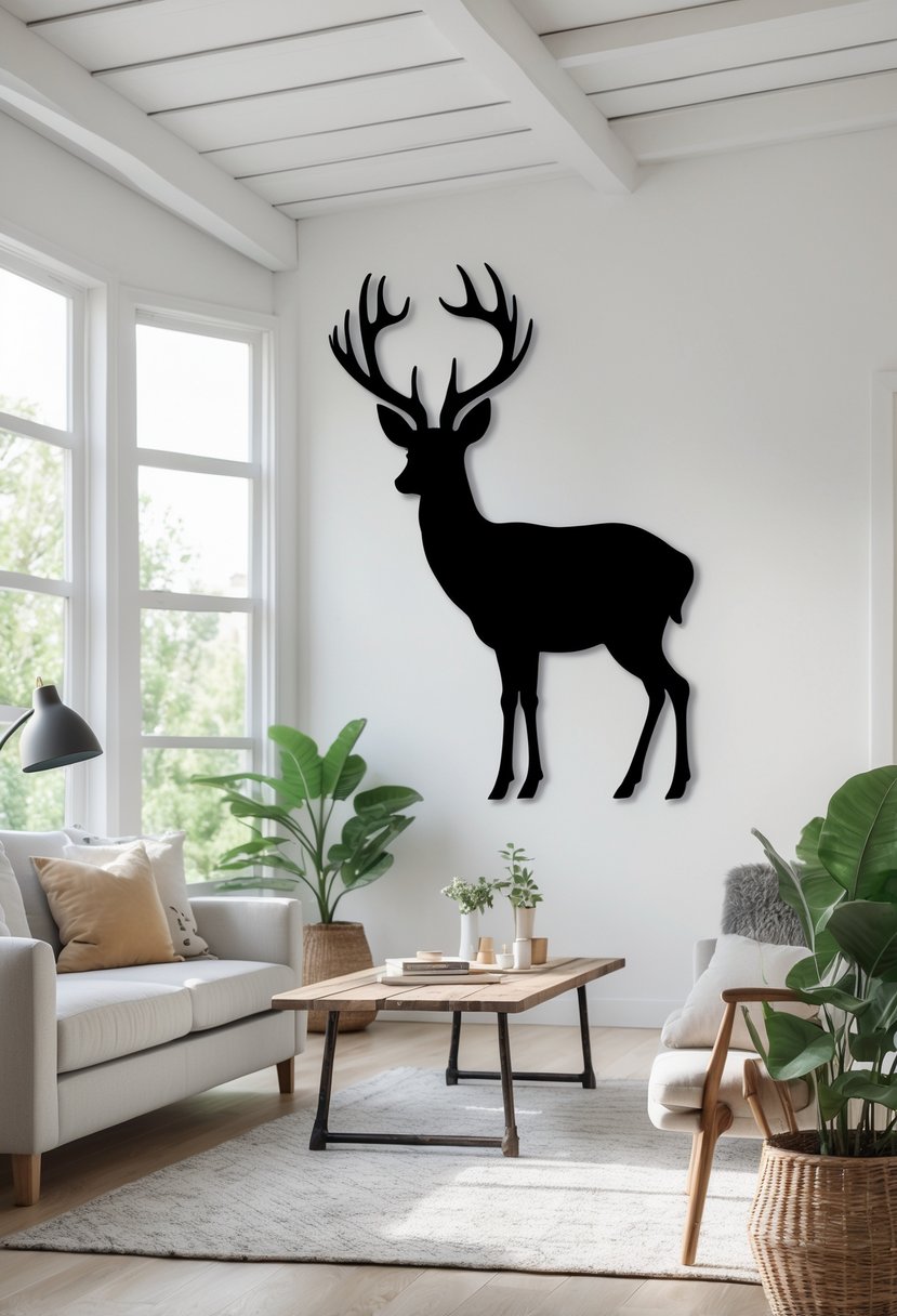 Living room with a black metal deer silhouette wall mount above a sofa, featuring light walls, wood flooring, and cozy furniture.