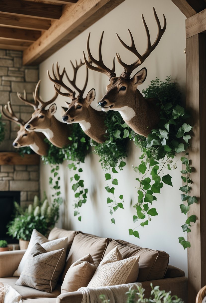 Living room with deer mounts on the walls surrounded by green plants and wooden furniture.