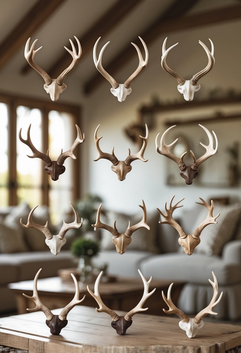 A collection of small deer antler racks arranged in a grid layout displayed in a cozy living room setting.