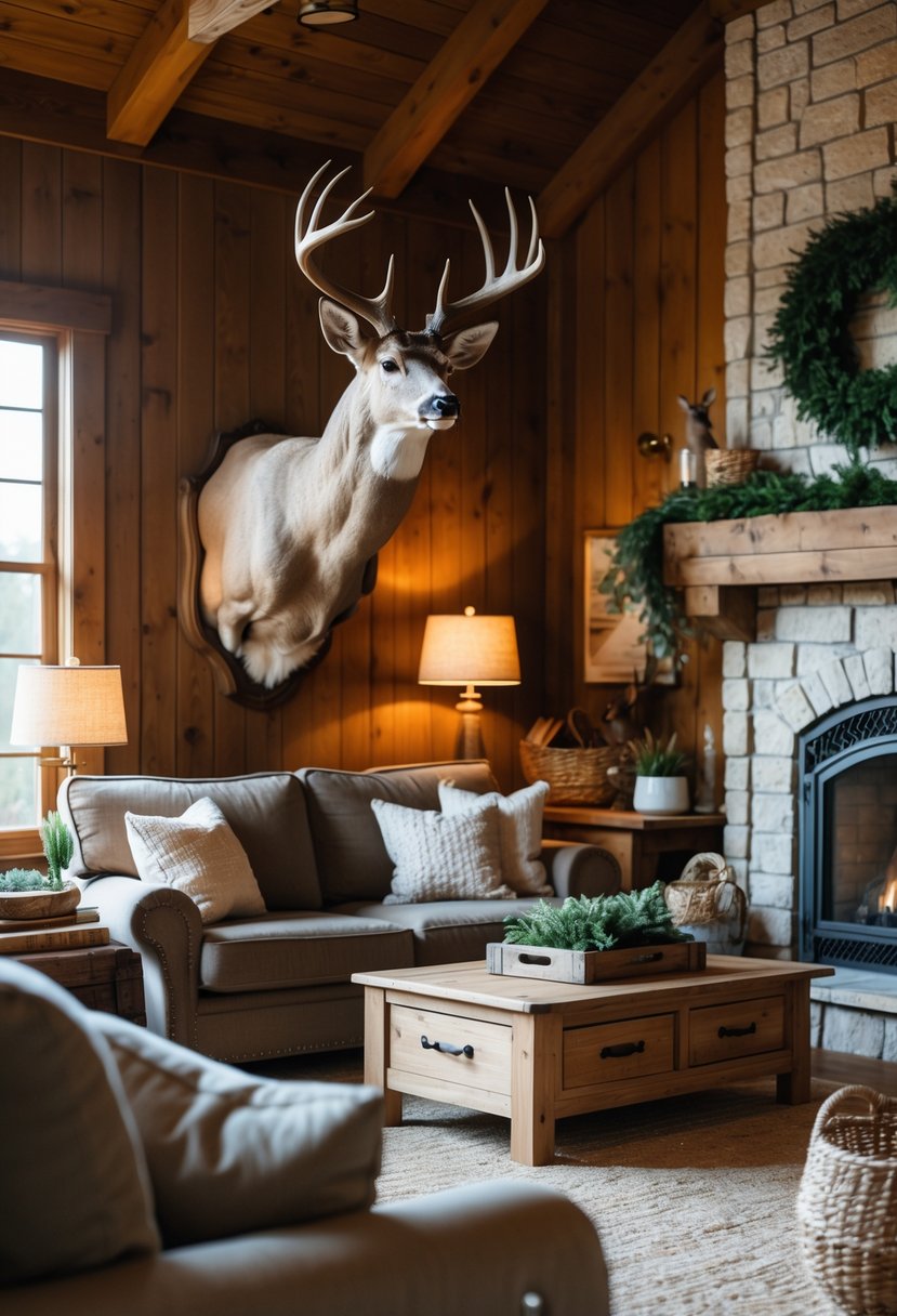 A cozy living room with a deer mount on the wall above a fireplace, featuring wooden furniture and warm lighting.