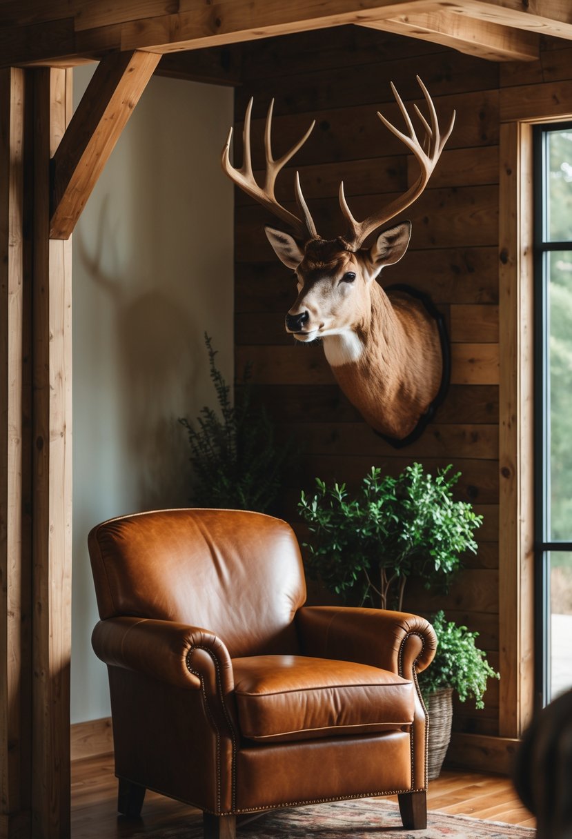 A brown leather armchair next to a mounted deer head on a wooden wall in a living room.