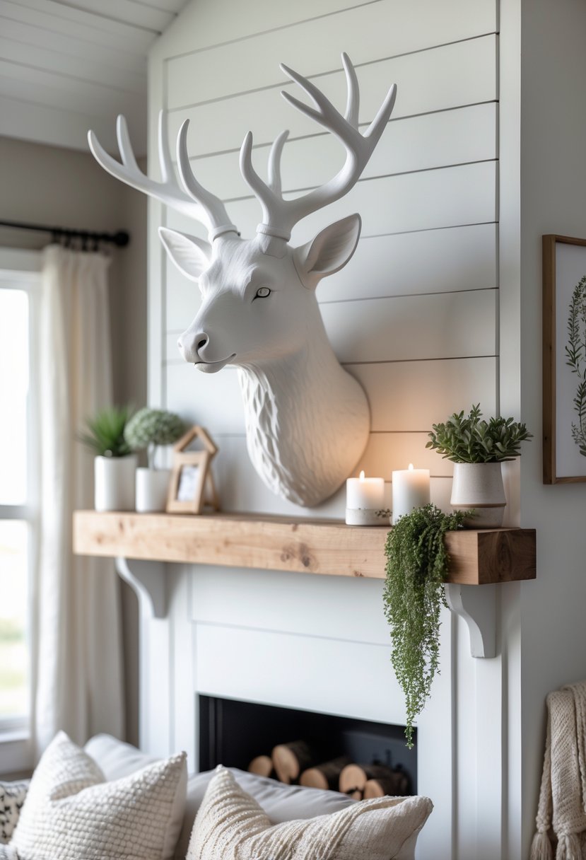 A living room with a white faux deer head mounted on the wall above a wooden mantel, surrounded by plants and cozy furniture.