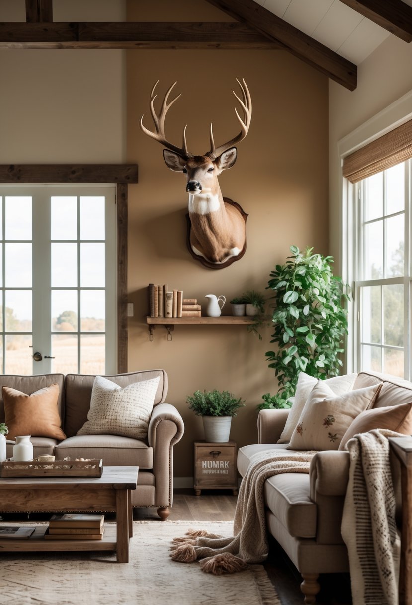 A farmhouse living room with a deer head mount hung at eye level on the wall above rustic wooden furniture and decorative items.