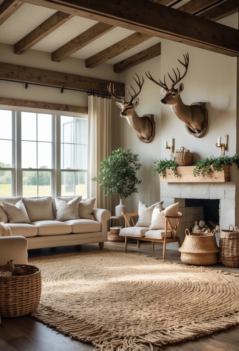 A living room with a woven jute rug on the floor and deer head mounts on the wall above a sofa.