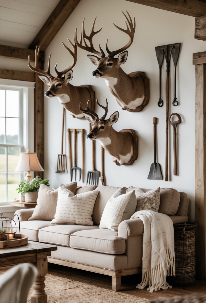 A living room with deer mounts and vintage farming tools displayed on the walls above comfortable seating.