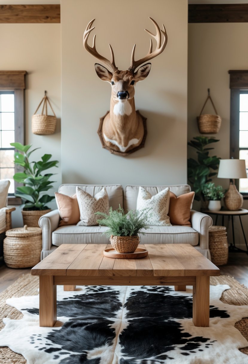 Living room with a wooden coffee table on a cowhide rug and a deer head mounted on the wall behind it.