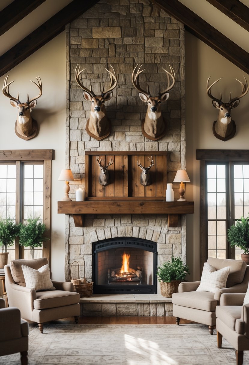 A living room with a stone fireplace and two deer mounts symmetrically hung on either side of it.