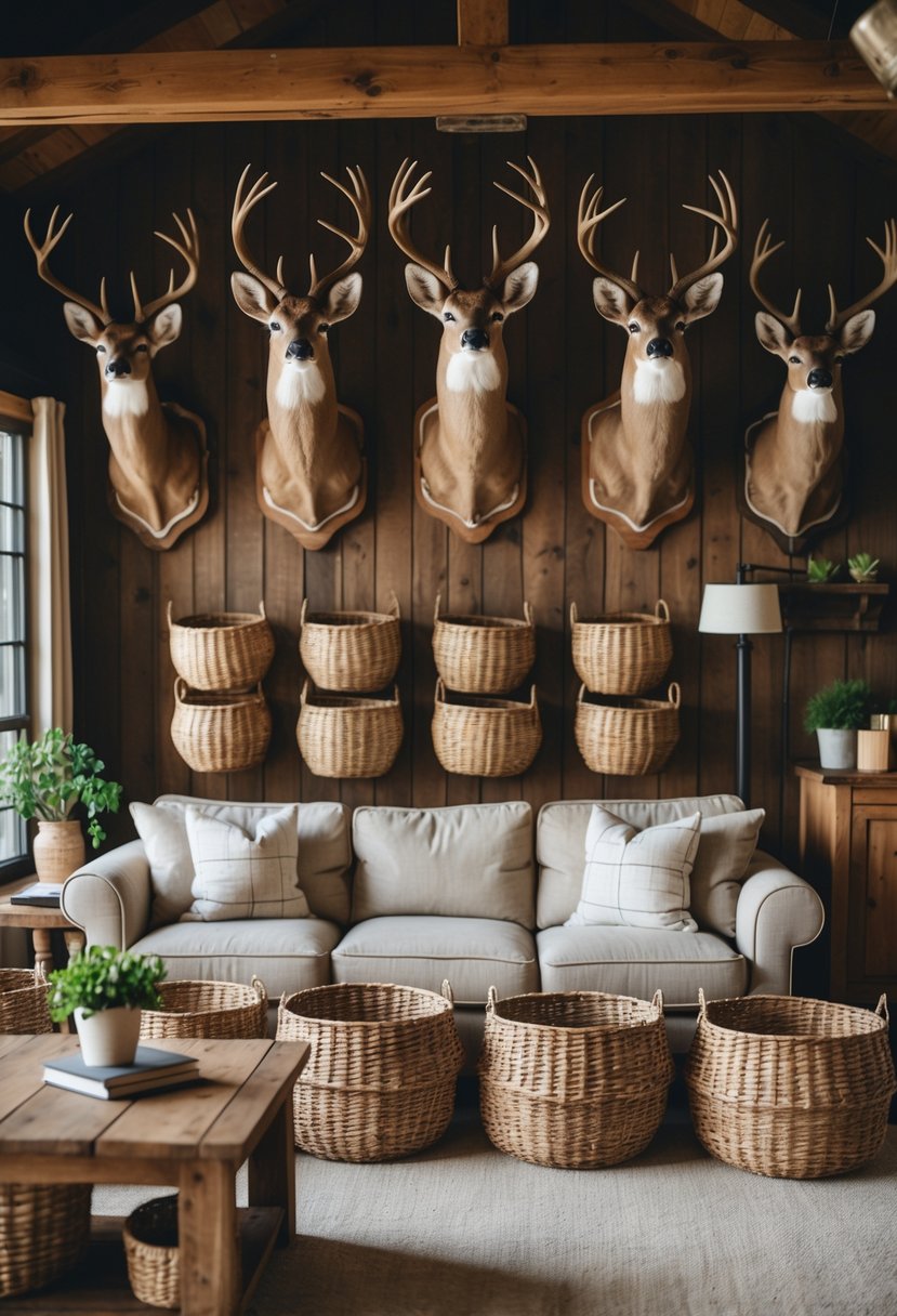 A living room with deer head mounts on the wall and woven baskets arranged underneath for storage.