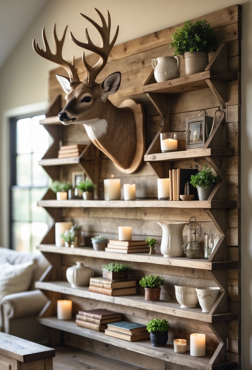 Living room with a mounted deer head on the wall surrounded by wooden shelves holding decorative items.