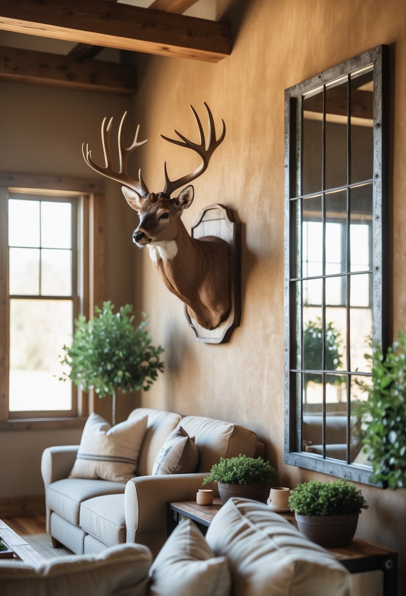 Living room with a rustic deer mount on the wall and two iron-framed mirrors reflecting light.