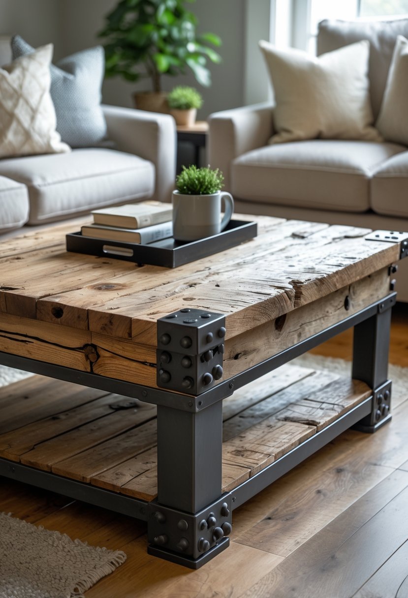 A distressed wood coffee table with metal accents in a living room with seating, plants, and natural lighting.