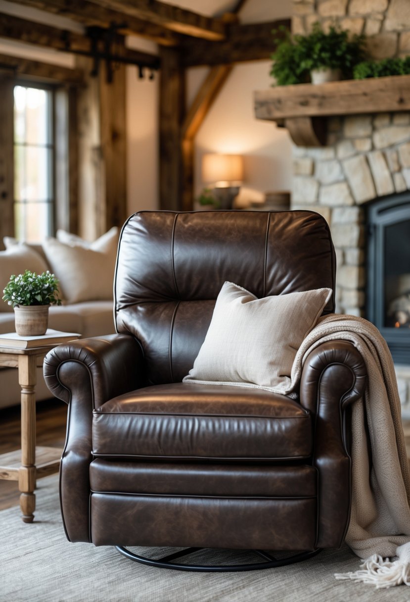 A dark brown leather swivel armchair in a cozy living room with wooden floors and a stone fireplace.