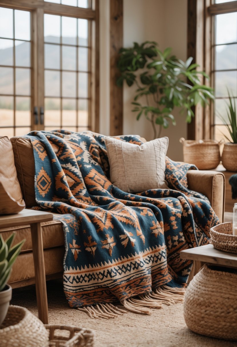 A living room with wool blankets featuring southwestern patterns draped over a wooden sofa, surrounded by rustic furniture and plants.