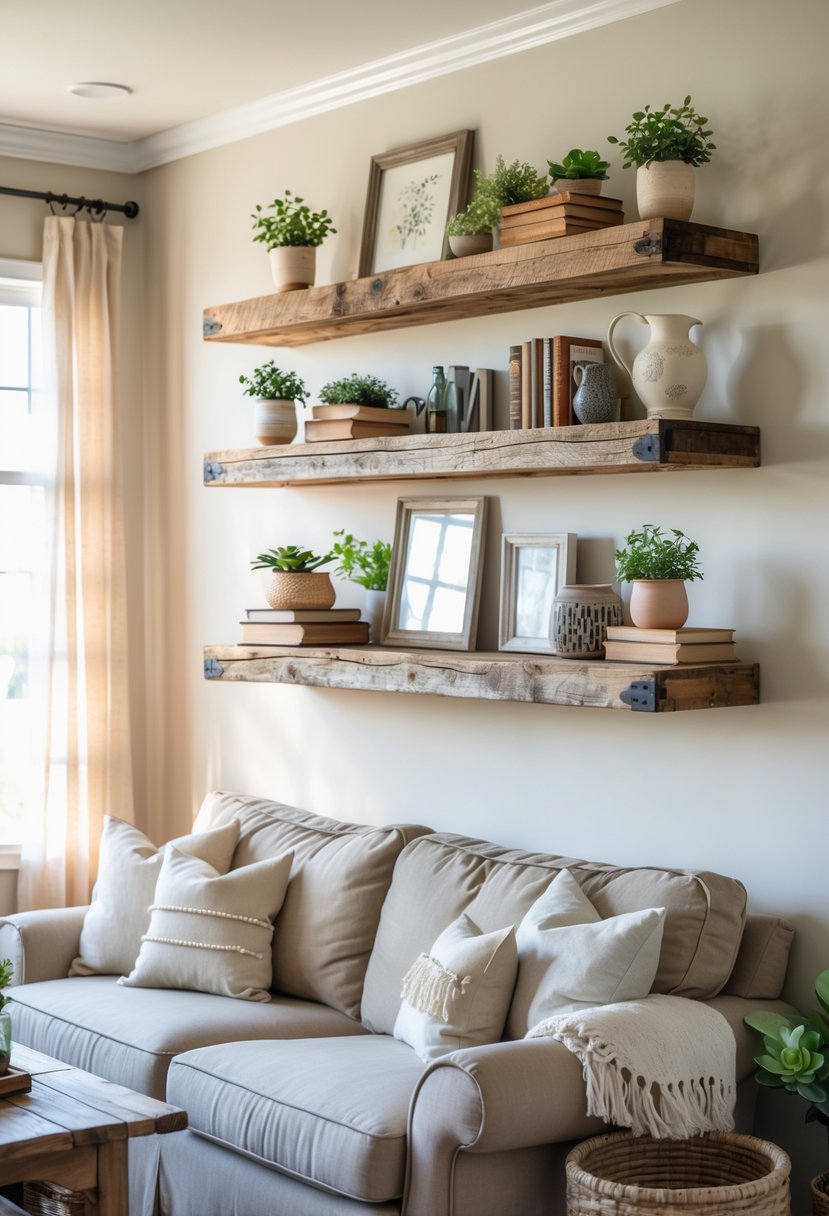 Living room with wooden floating shelves displaying plants and decor above a sofa near a window with natural light.