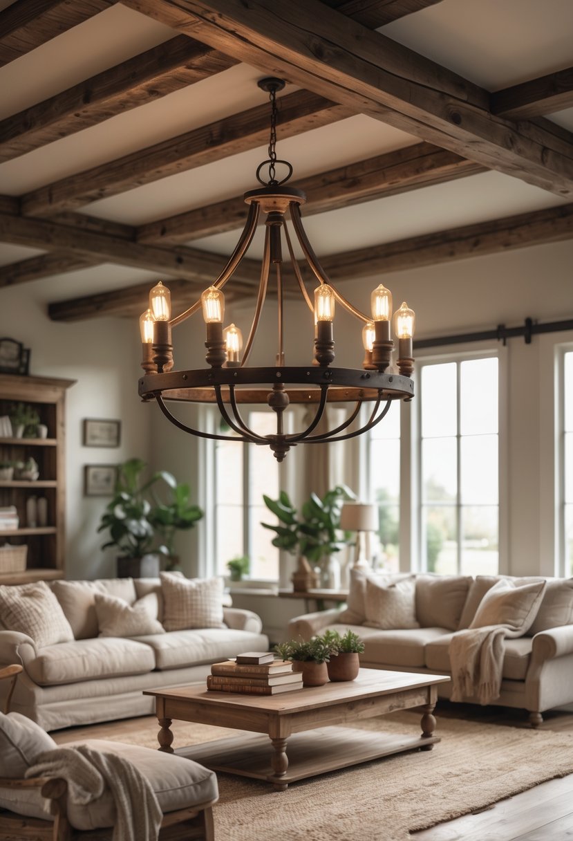 A living room with an antique iron chandelier with Edison bulbs hanging from the ceiling above a sofa and coffee table.