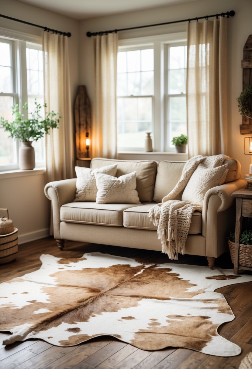 Living room with a cowhide area rug on a wooden floor, a beige sofa, wooden coffee table, and natural light coming through windows.