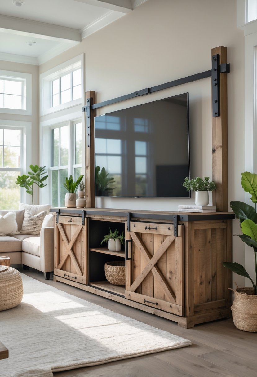 Living room with a wooden sliding media cabinet, a flat-screen TV, sofa, and natural light coming through windows.