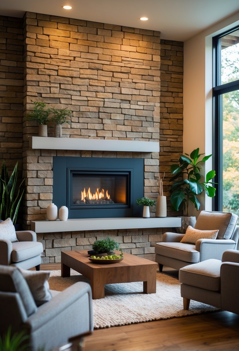 Living room with a stone or brick wall behind a fireplace, featuring comfortable seating and warm lighting.
