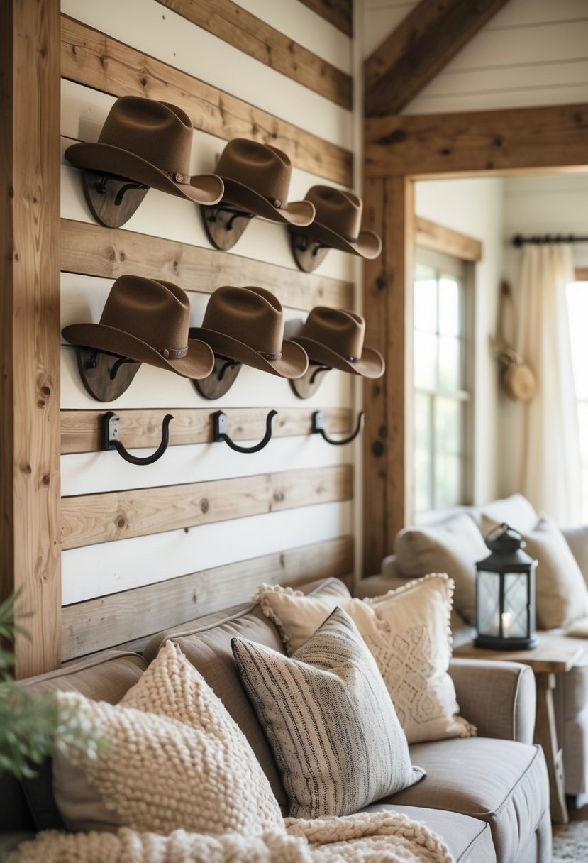 Living room with cowboy hat-shaped wall hooks mounted on a wooden wall, surrounded by cozy furniture and decorative items.