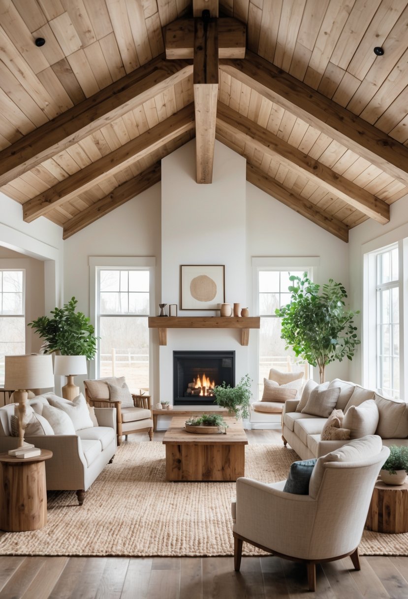 A bright living room with exposed wooden ceiling beams, comfortable seating, a fireplace, and natural light coming through large windows.