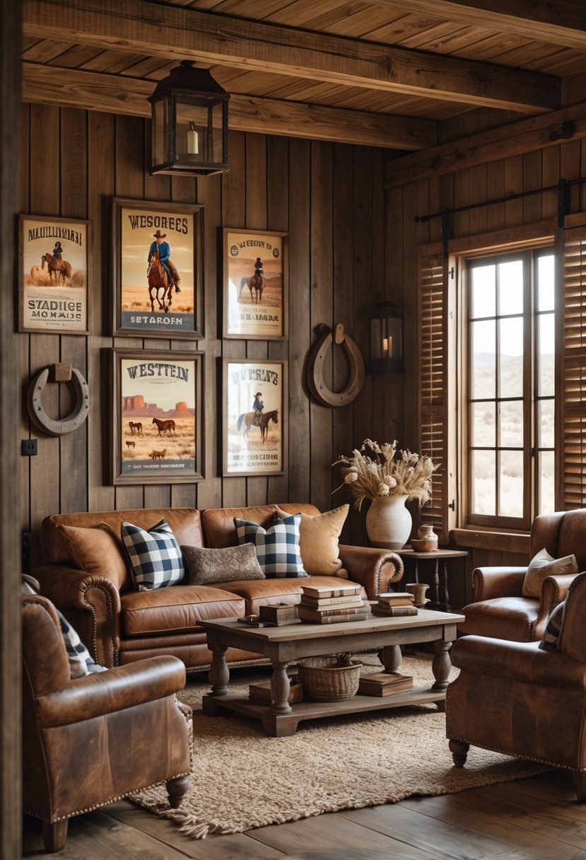 A cozy living room with wooden walls and floors, leather armchairs, a sofa with patterned cushions, vintage Western artwork on the walls, and rustic decorations including a wooden coffee table and dried flowers.