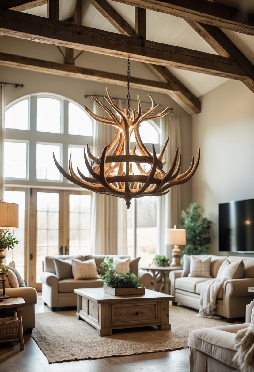 A living room with a large deer antler chandelier hanging from the ceiling above a cozy seating area.
