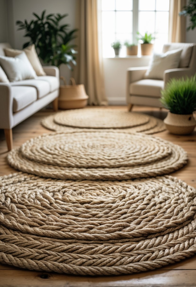 Living room with layered braided jute and sisal rugs on wooden floor, featuring a sofa, armchairs, coffee table, and plants.