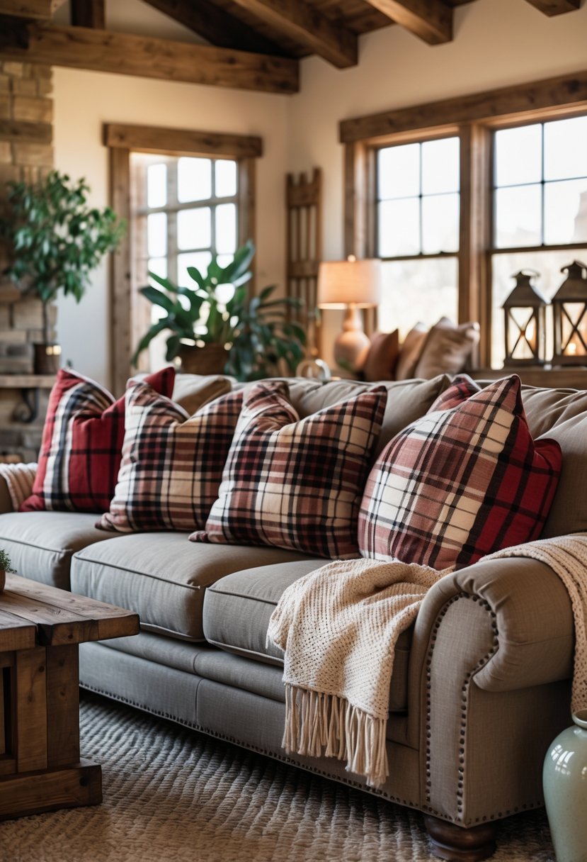 A living room with a sofa covered in large plaid throw pillows, wooden furniture, and plants near a window.