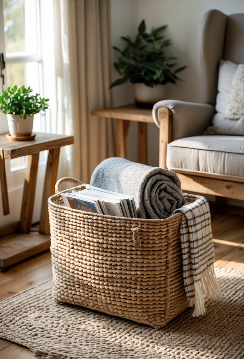 A woven basket filled with blankets and magazines placed on the floor next to an armchair in a living room.