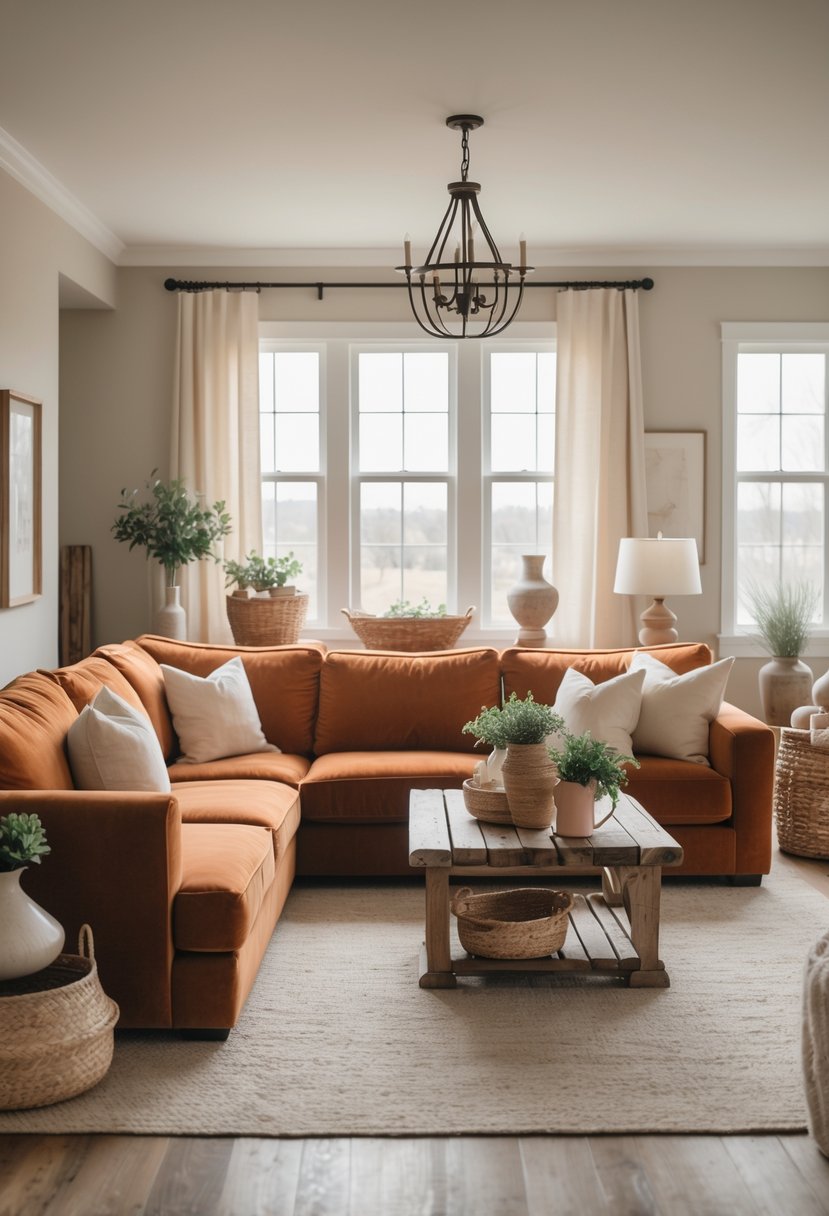 A living room with a large rust-colored velvet sectional sofa, wooden coffee table, plants, and natural light coming through windows.