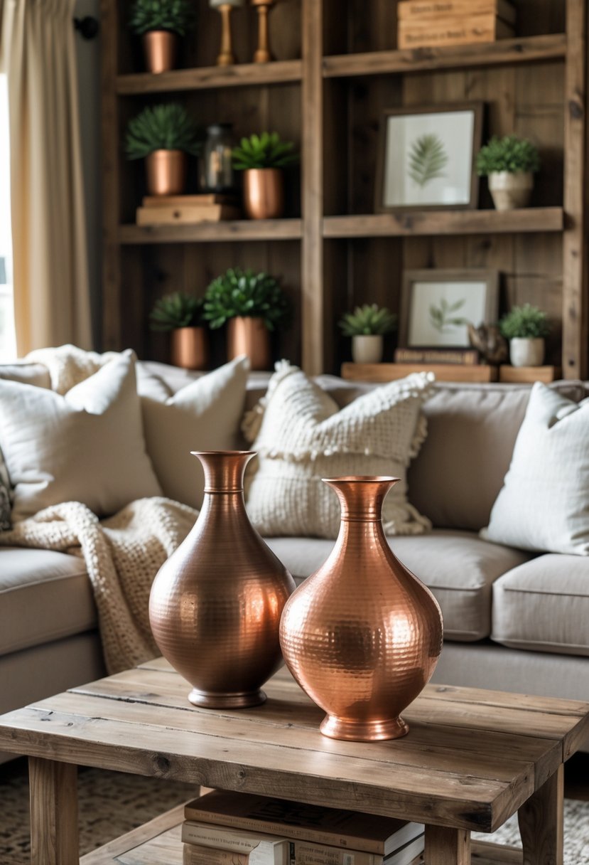 A living room with copper and bronze vases on a wooden coffee table surrounded by cushions and plants.