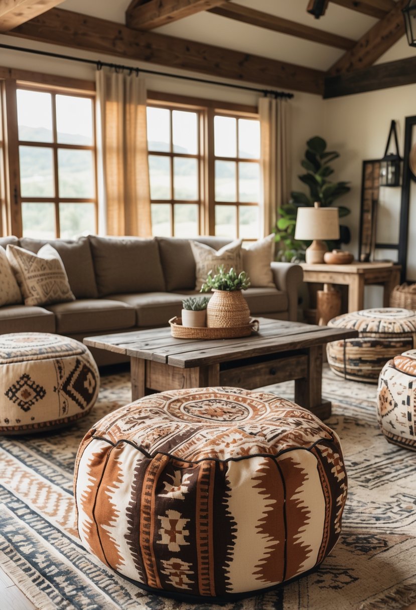 A cozy living room with patterned poufs around a wooden coffee table, a sofa with pillows, and warm natural light coming through windows.