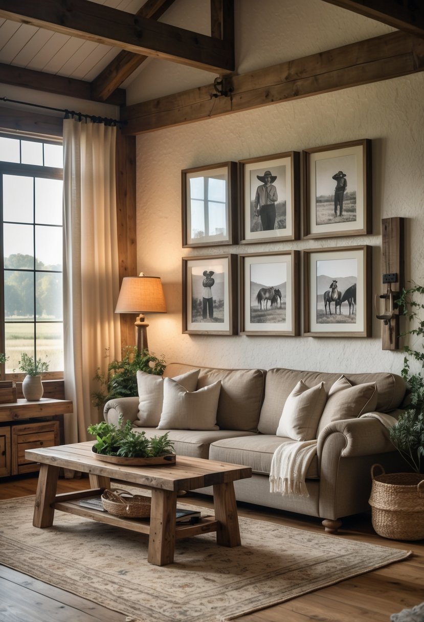 A cozy living room with wooden furniture and framed black-and-white photos on the wall.