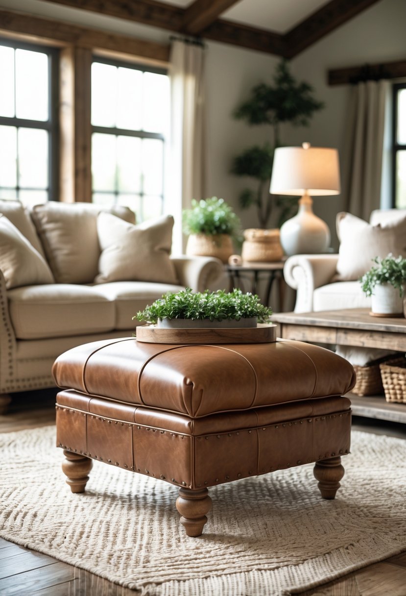 A brown leather ottoman in the center of a living room with a sofa, wooden coffee table, plants, and soft natural lighting.