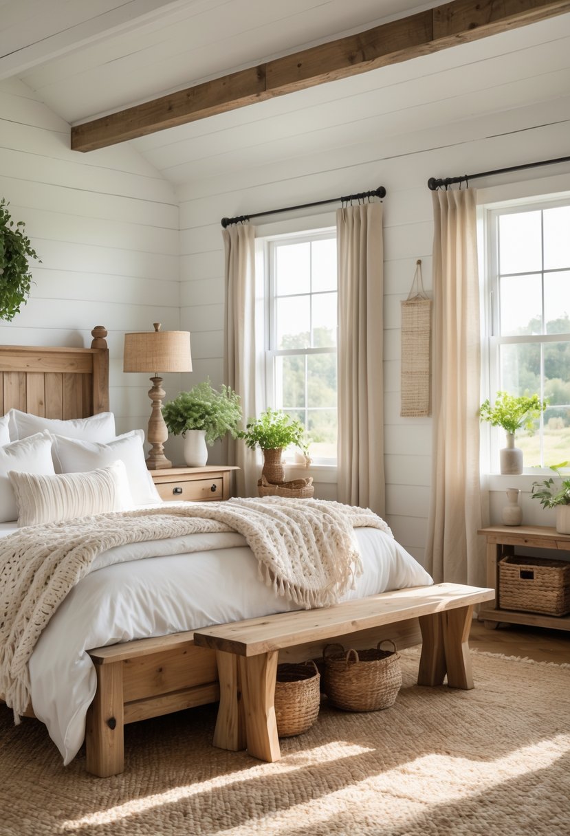 A bright bedroom with a wooden bed, white bedding, nightstands with lamps, plants, and large windows letting in sunlight.