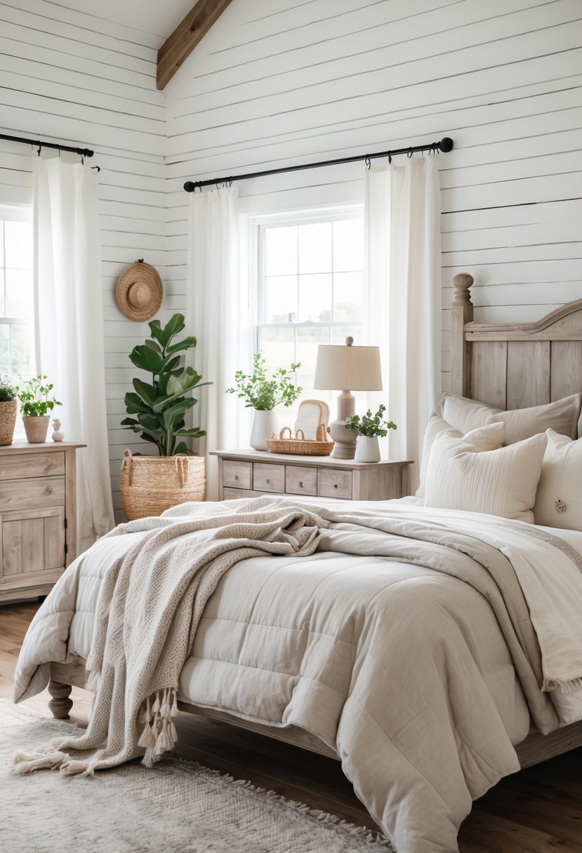 A bedroom with a whitewashed wooden accent wall, a bed with pillows and blanket, wooden furniture, and natural light coming through the windows.