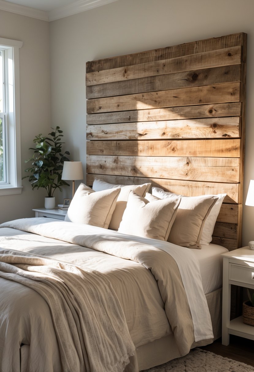 A bedroom with a bed featuring a weathered wood headboard, soft bedding, a bedside table with a lamp, and natural light coming through a window.