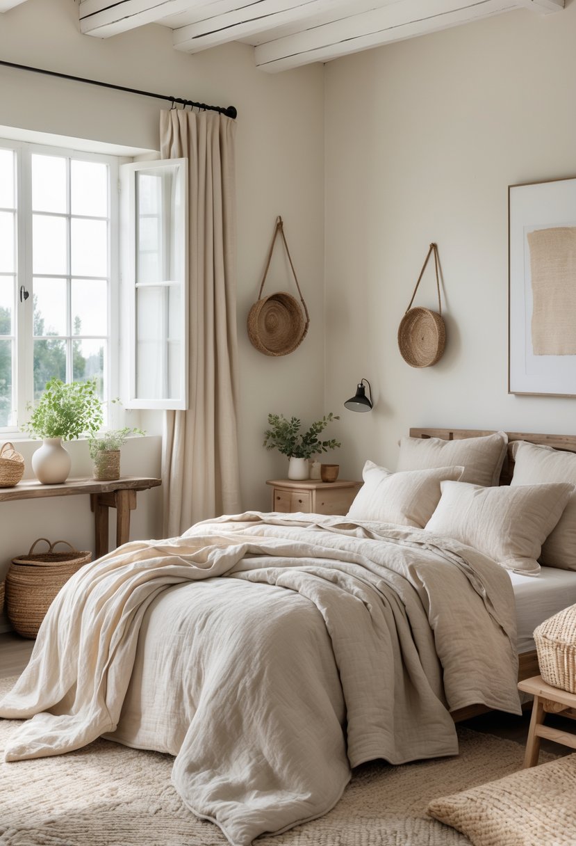 A bright bedroom with a neatly made bed featuring soft linen bedding in neutral colors, wooden furniture, and natural light coming through a window.