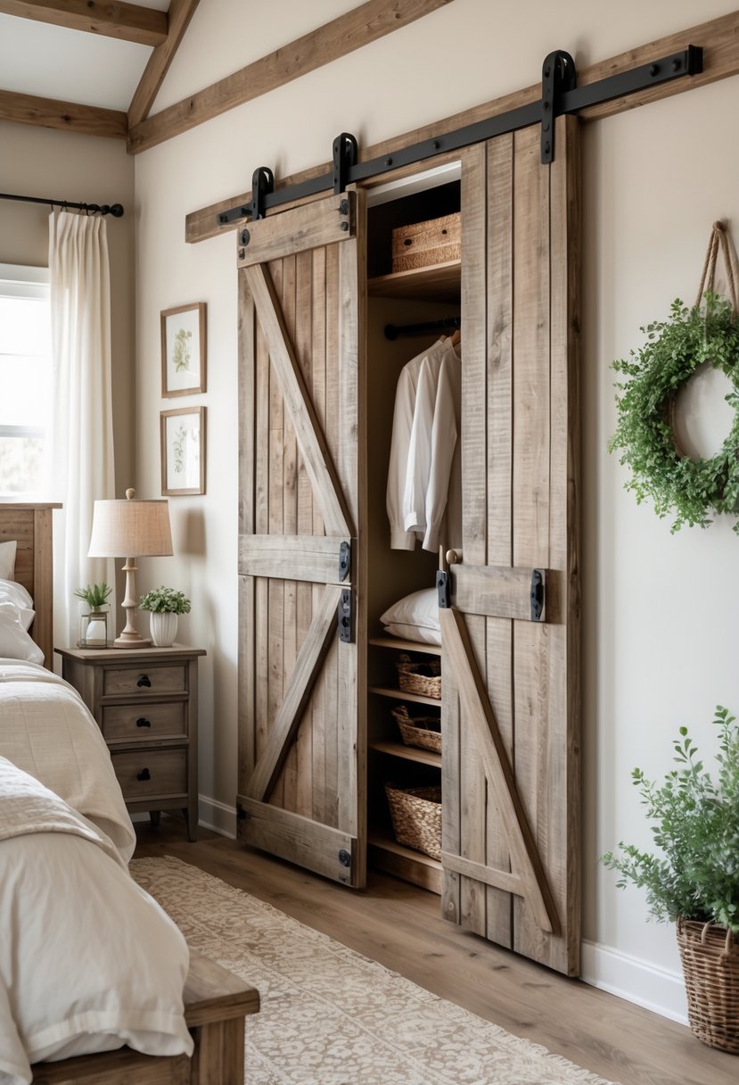 A bedroom showing a wooden sliding barn door closet partially open with a bed and bedside table nearby.