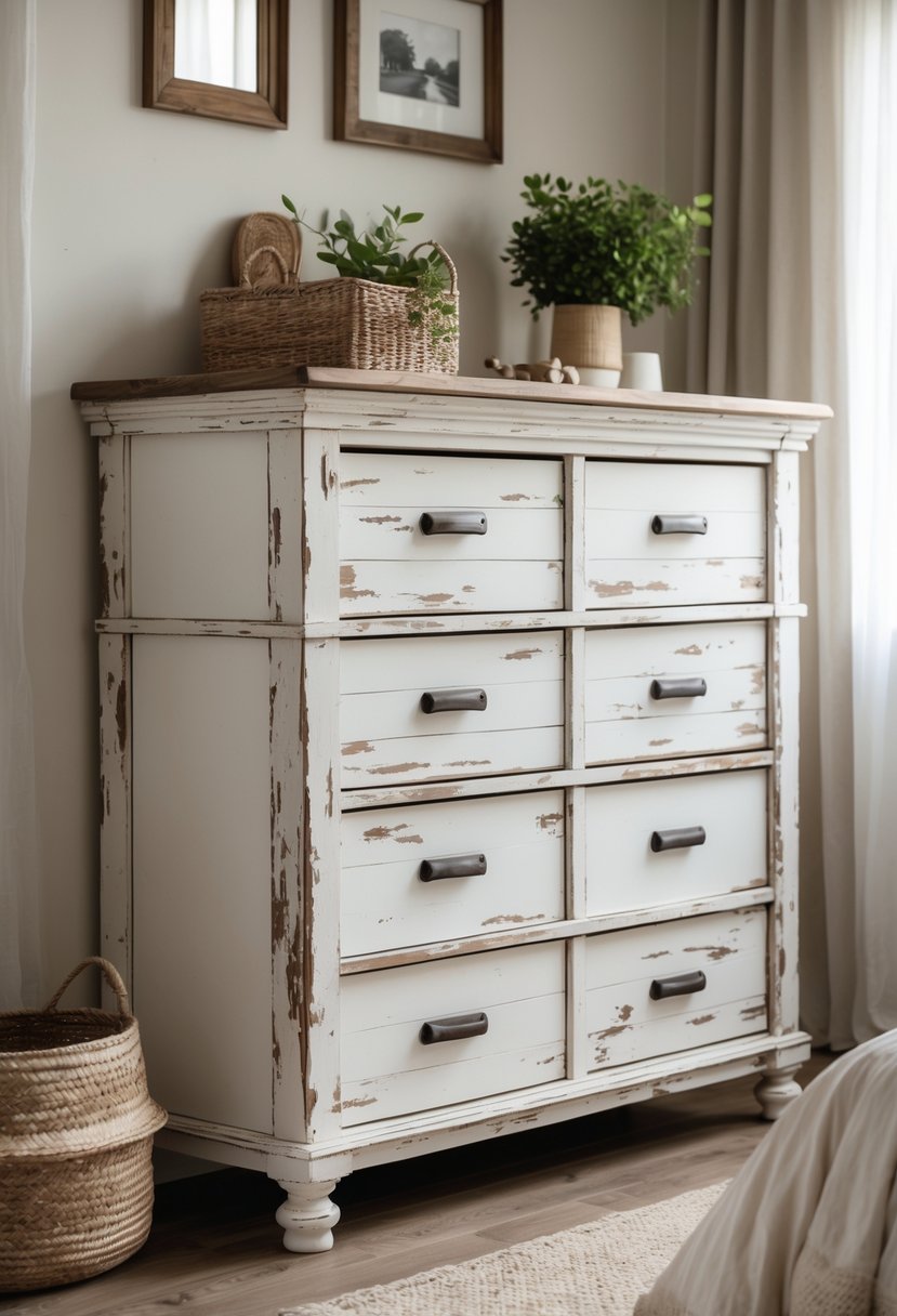 A distressed white wooden dresser with drawers in a cozy bedroom with natural light, a bed, and simple decor.