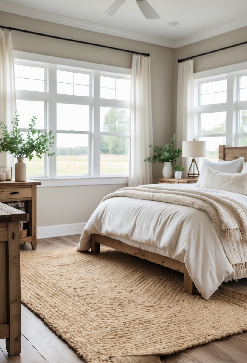 A bedroom with a woven jute rug on the floor, a bed with white linens, wooden furniture, and natural light coming through the windows.