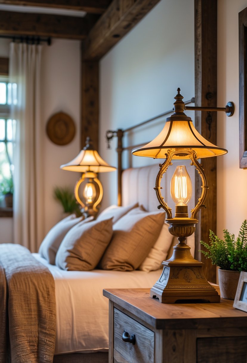 A bedroom with antique brass bedside lamps on wooden nightstands next to a neatly made bed with neutral linens.
