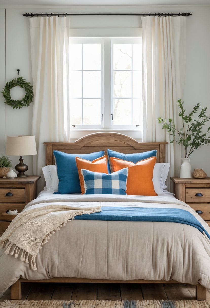 A bedroom with a bed decorated with blue and orange pillows, wooden furniture, and natural light coming through a window.