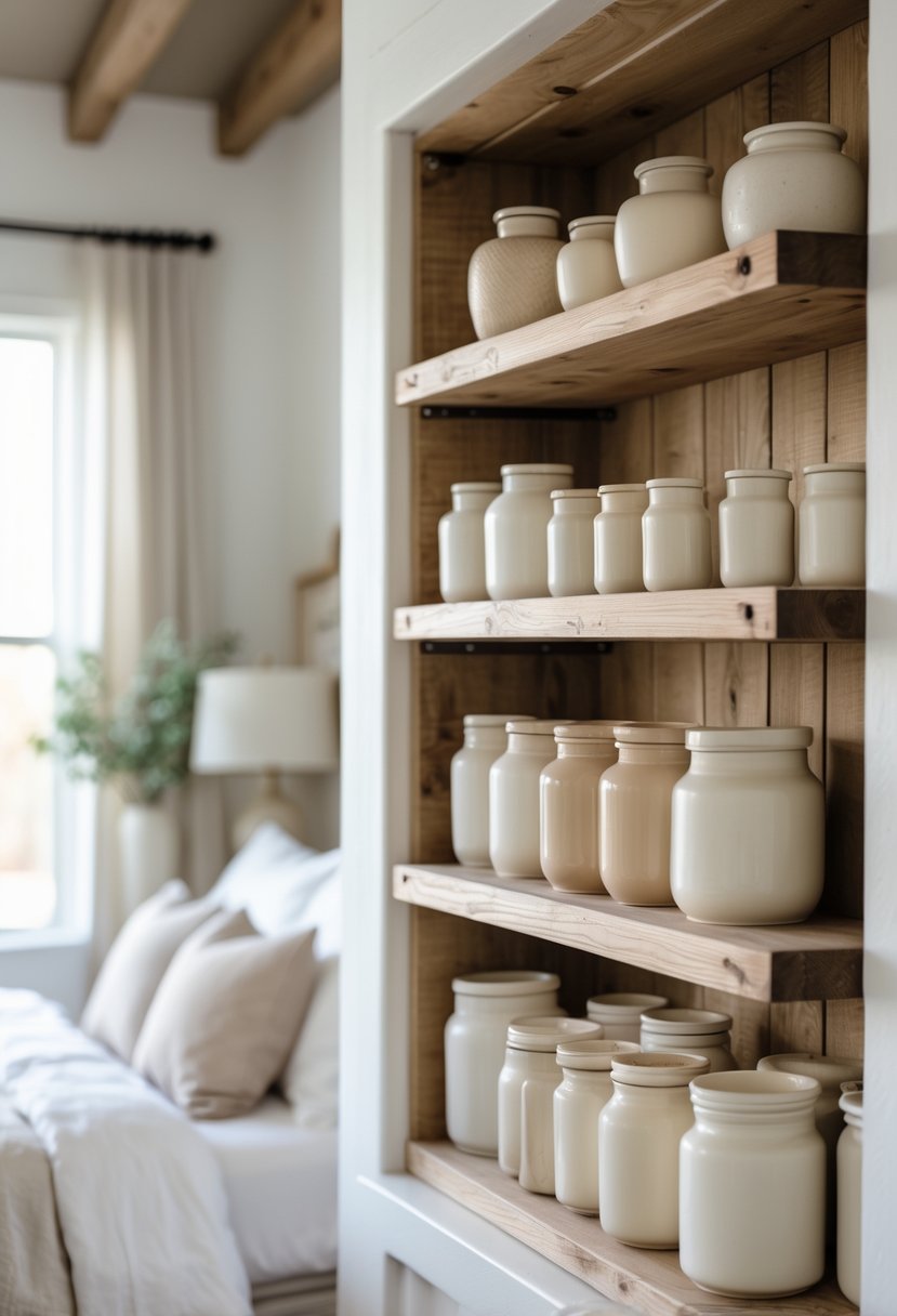 Open wooden shelves on a bedroom wall holding various ceramic jars with a bed and window in the background.