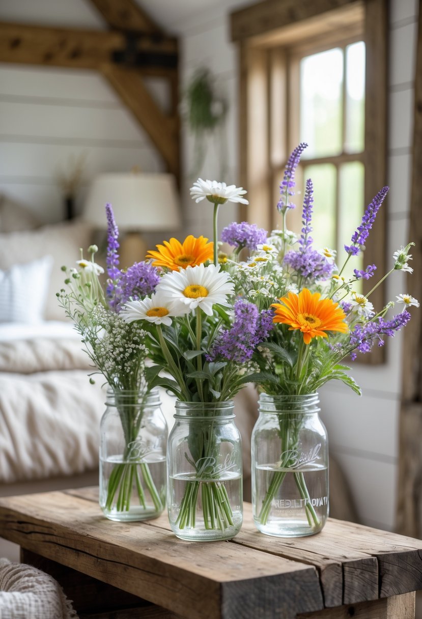 Fresh wildflowers in mason jars placed on a wooden surface inside a bedroom with soft natural light.