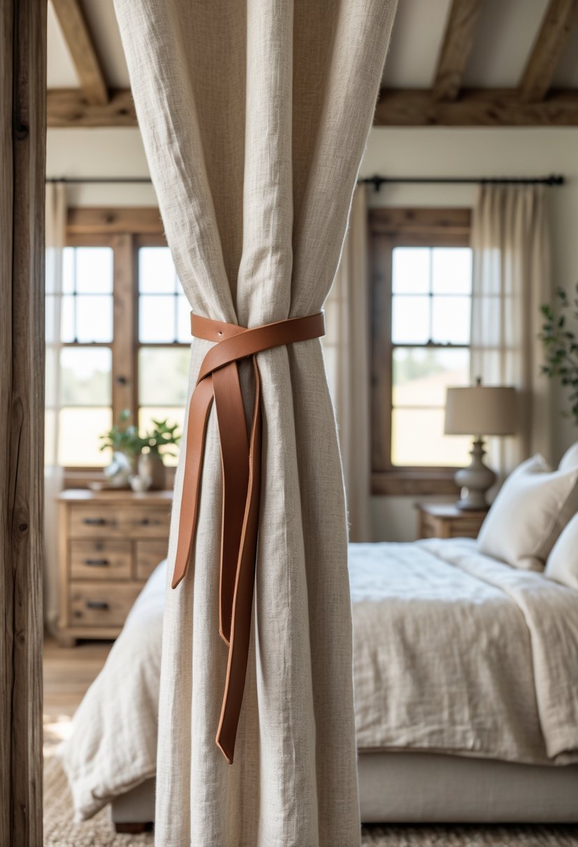 A bedroom window with beige curtains held back by leather strap ties, showing a bed and rustic decor in the background.