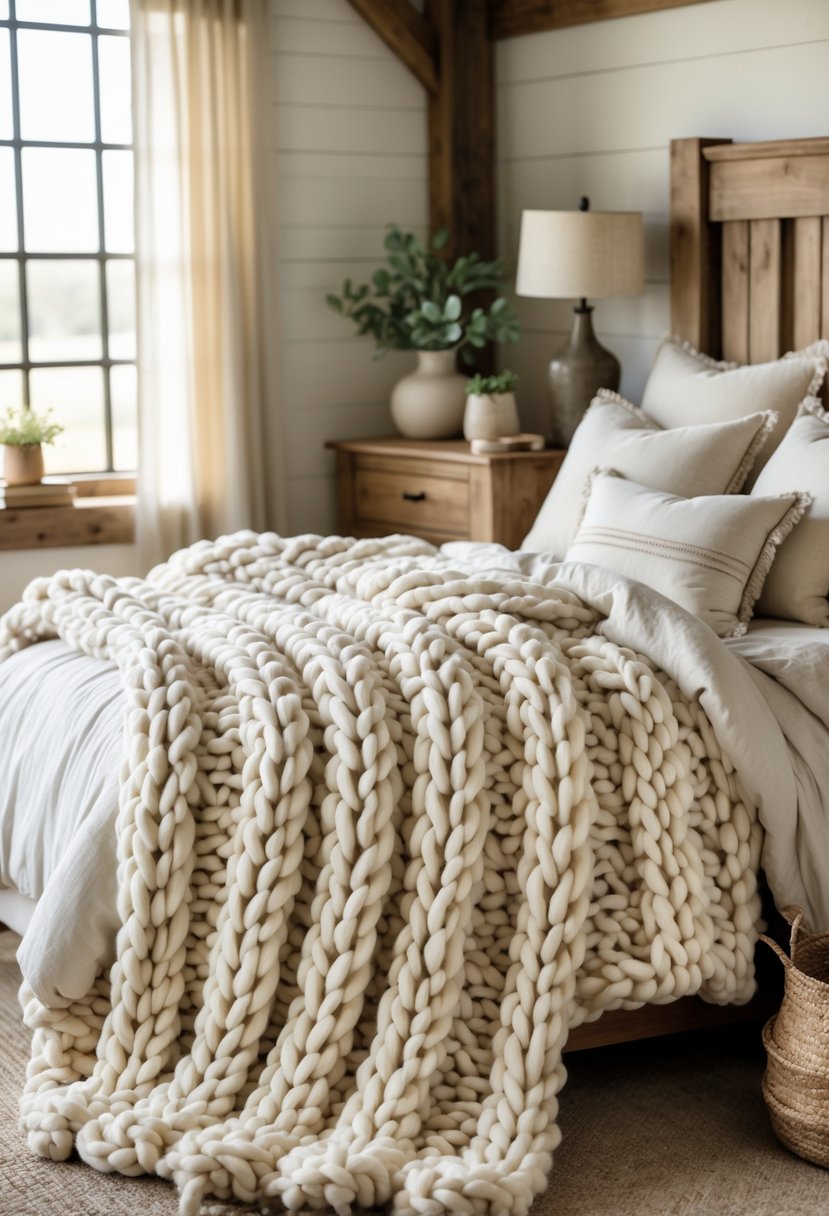 A cozy chunky knit throw blanket draped over a bed in a warm, inviting bedroom with wooden furniture and soft natural light.